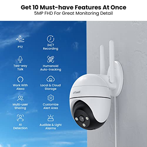 Iegeek Security Camera Outdoor With Spotlights 5Mp Color Night Vision Wired Surveillance Camera, Wireless Wifi Plug-In Smart Home Cameras 360°Ptz With Siren,24/7 Recording,Work With Alexa #TOP1