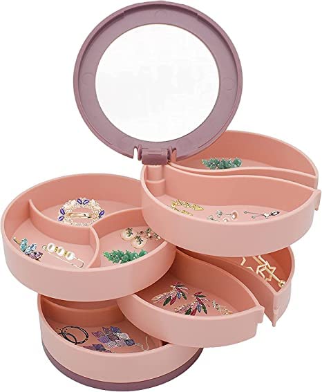 BEUMOROBEUMORO 360 Degree Rotating 4 Layer Jewelry Organizer Box with Mirror Round Earring Holder for Women and Girls Four Layer Storage Tray Portable Jewellery Storage for Ring, Bracelet [ Multi Color ]