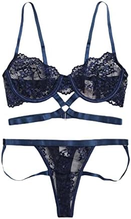 WDIRARA Women’s Sexy Floral Lace Print Embroidered Mesh Sheer Underwire Lingerie Set with Belt