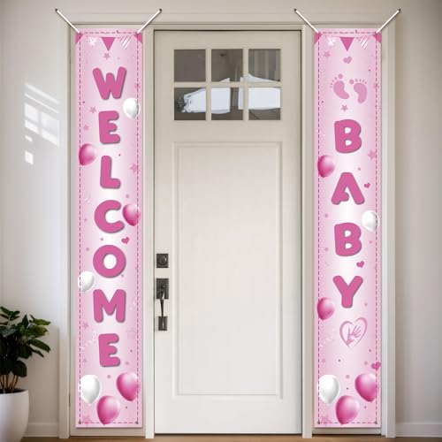 Koliphy Decoración de bienvenida para niña, pancarta de bienvenida para puerta de bebé, pancarta de bienvenida de mano para baby shower, recepción en casa, baby shower, decoración de cumpleaños para