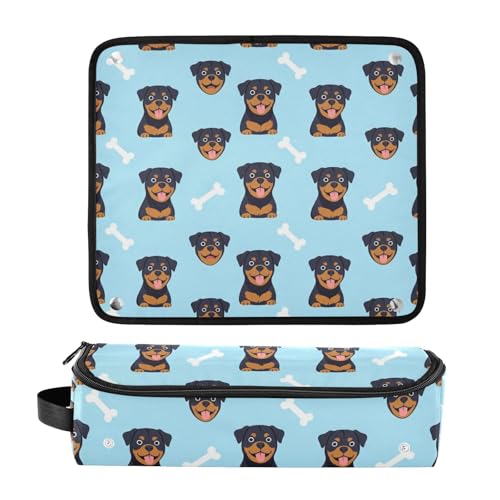 Bolsa de viaje para herramientas de cabello y tapete resistente al calor con cierre para planchas, rizadores, secadora - diseño con caras de perro rottweiler en azul miniatura 3