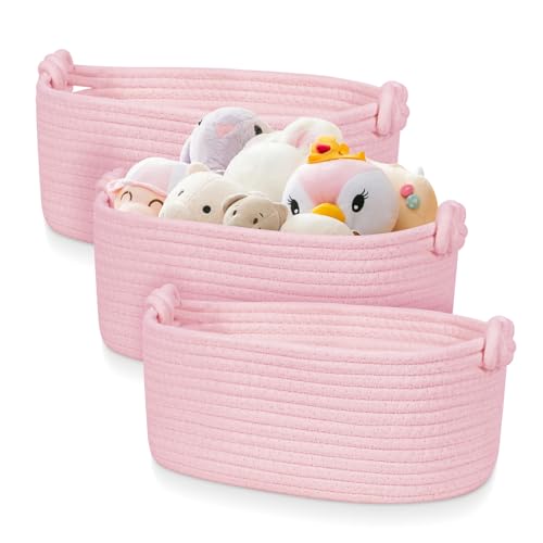 Image of Small Basket for Storage and Organization | Pink Gift Basket | Decorative Baskets for Gifts Empty | Cute Cat Dog Toy Box Organizer Basket | Woven Rope Basket for Home, Office, Desk | 3 Pack