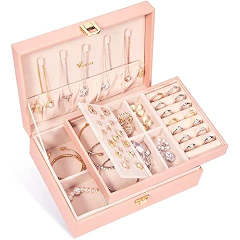 Voova Caja Joyero Mujer, Organizador 2 Niveles Estuche de Joyería con Cerradura, Rosa Cover