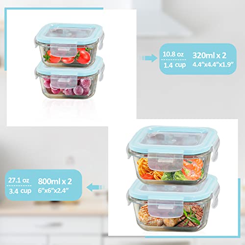 Rosos Glass Food Storage Containers With Lids Airtight 4 Pack, Glass Storage Containers With Lids For Food, Not Easy Broken & Leak Proof, Glass Containers With Lids For Oven/Dishwasher Safe, Blue #TOP2