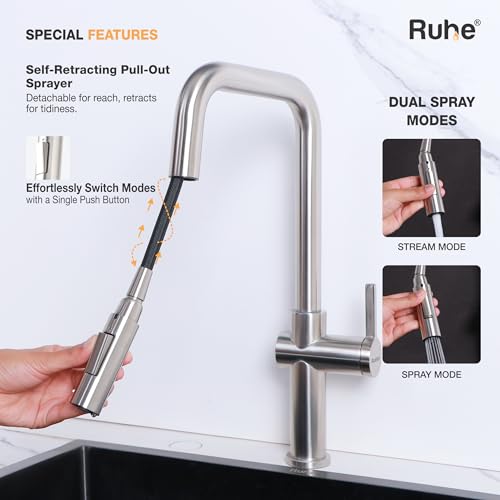 Image of Ruhe Opulo Dual Flow Pull-out Kitchen Mixer Faucet - Brushed Nickel | 360 Swivel | Hot & Cold Water Faucet | Single Lever Tap | Table Mounted Kitchen Sink Tap