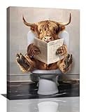 Highland Cow Bathroom Wall Art Funny Farmhouse Bathroom Pictures Wall Decor Western Cow on Toilet Canvas Print Painting Home Bathroom Signs Decoration Artwork Framed Cow Gifts 12'X16'