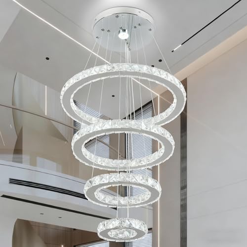 Finktonglan Fintonglan Lámpara Colgante de Cristal LED Moderna 4 Anillos Ø20–50 cm, Altura Ajustable hasta 120 cm, Luz Blanco Frío 67W de Techo en Acero Inoxidable para Salón, Comedor y Dormitorio