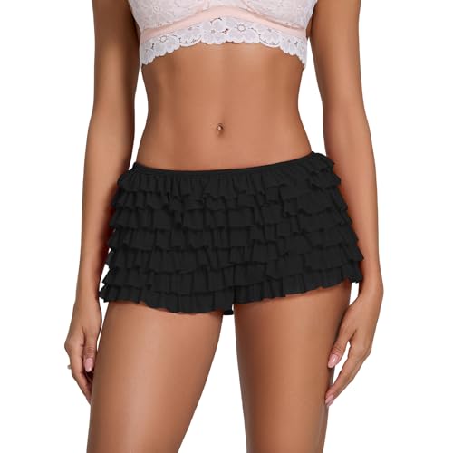 Edhomenn Women’s Layered Ruffle Shorts Elastic Waist Bow Front Lace Shorts (16 Black, M)