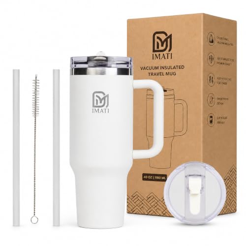 Image of IMATI Insulated Steel Tumbler 1200ml with Flip Straw Side Handle & Leakproof Lid - Stainless Steel Travel Mug Coffee Cup & Water Bottle for Office Gym Car Adults (White 2 Lids 2 Straws Brush)