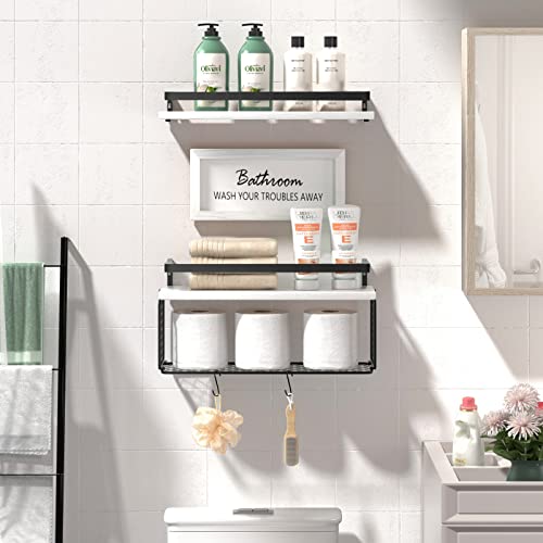 Floating Shelves, Bathroom Shelves Over Toilet With Wall Décor Sign, Wood Wall Shelves With Protective Metal Guardrail & Paper Storage Basket For Bathroom, Bedroom, Living Room, Kitchen (White) #TOP1