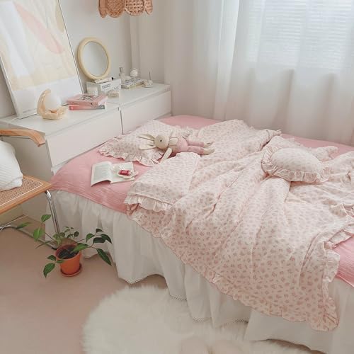 Image of BuLuTu Girls Baby Duvet Cover Pink Flower Duvet Covers Muslin Cotton Toddler Kids Duvet Cover Quilted Protector, 47 inchx59 inch, Galsang Print (No Filling)
