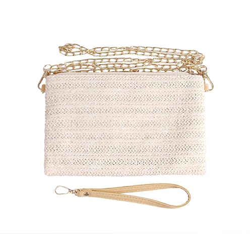 Eiyye Straw Clutch Purse Womens Handbag Boho Summer Beach Purse Wristlet Wallets with Zipper Chains(off white)