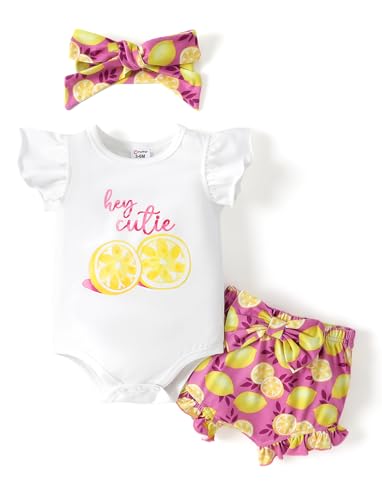 Image of PATPAT Infant Baby Girls Clothes Set Ruffle Short Sleeve Romper Tops and Fruit-Print Shorts Outfits with Headband