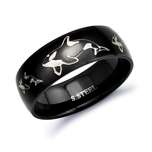 Kriskate & Co. 8mm Black Plated Stainless Steel Ring with Engraved Orca Killer Whale Design Sizes 5 to 15 (13)