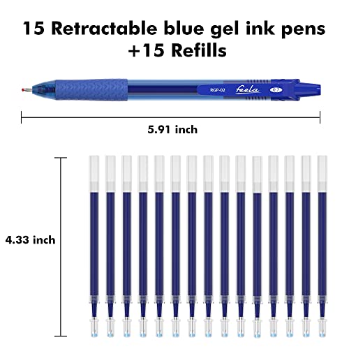 Feela 30 Pack Retractable Blue Ink Gel Pens Set Medium Point 15 Piece Fine Point Gel Pen With 15 Refills For Smooth Writing #TOP1