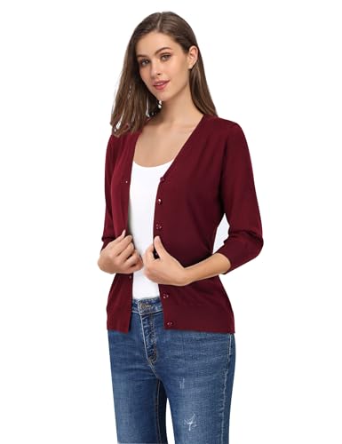 Image of Leadingstar Women's 3 /4 Sleeve Cardigan Lightweight Sweater Cardigan V-Neck Solid Color Soft Knit Sweater Tops