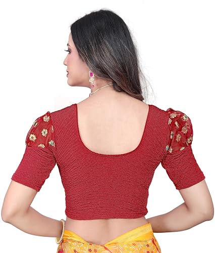 Image of Shreeji Designer Round Neck Cotton Lycra and Net Fabric Fully Stretchable Baloon Sleeve Designer Readymade Blouse for Women