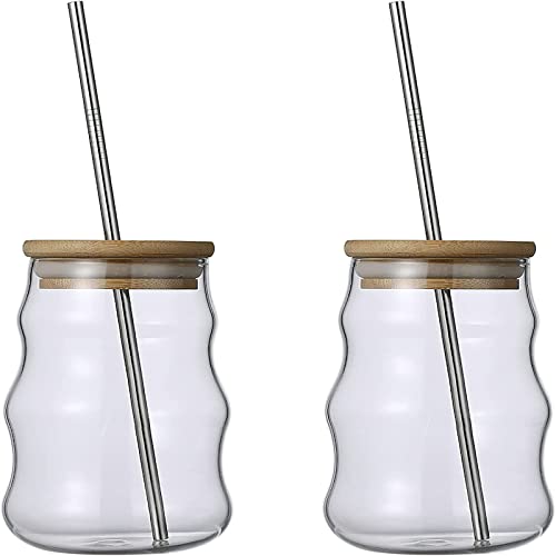 MISNODE 2 PCS Drinking Glasses with Wood Lids and Glass Straw, 16.9 oz Glass Cups Beer Can Glass Ice Coffee Cup Creative Tumbler with Lid and Straw for Home Office Bar Restaurant