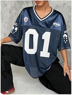 SOLY HUX Jersey Shirts for Women Y2k Graphic Number Oversized Tees V Neck Half Sleeve Cute Soccer Streetwear T Shirt Tops