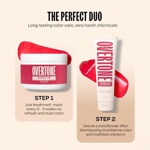 Image of Overtone Semi Permanent Hair Color Conditioner, Raspberry Pink, 8 oz, Nourishing, Damage-Free, Color Depositing Mask for All Hair Types with Shea Butter & Coconut Oil, Vegan & Cruelty-Free