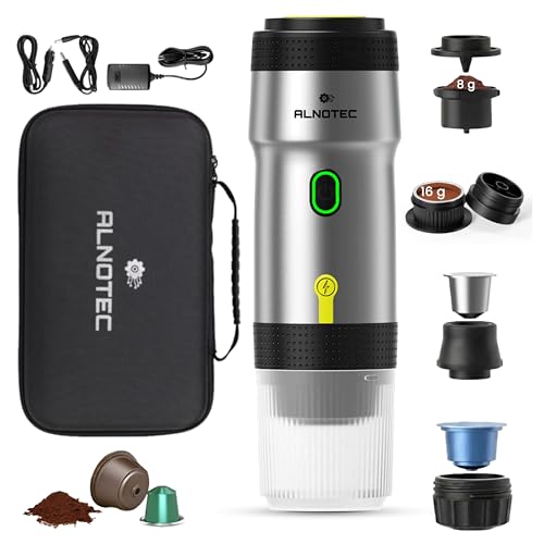 Alnotec - Cafetera portátil (20 barras, recargable), cafetera portátil, autoclavante, compatible con cápsulas NES, DG & Café molido, cargador USB, 220 V y coche, bolsa de transporte (negro)