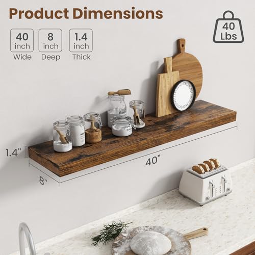 Image of 40 Inch Floating Shelves for Wall, 8 Inch Deep Floating Shelf for Storage & Display, Wall Mounted Shelf with Invisible Brackets for Living Room, Kitchen, Bathroom, Home Decor, Set of 2, Rustic Brown