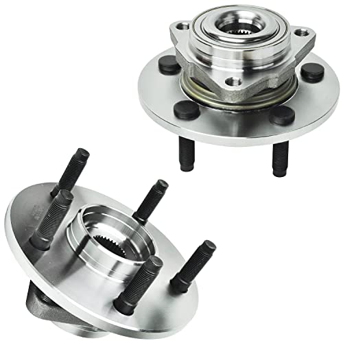 Image of Detroit Axle - Front Wheel Bearing Hubs Brake Kit for 2002-2005 Dodge Ram 1500 [Non ABS 5 Lugs] Drilled & Slotted Brake Rotors Ceramic Brakes Pads Wheel Bearing Hubs Assembly 2003 2004 Replacement