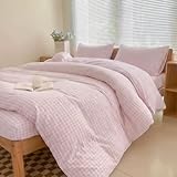 NSNLGSGC Pink Gingham Duvet Cover Set Queen, Grid Simple Geometric Square Pattern Comforter Cover,Soft Plaid Washed Microfiber Bedding Cover(3PCS,Queen)