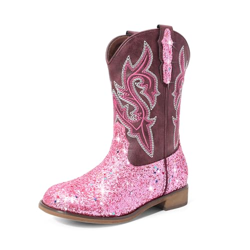 DREAM PAIRS Girls Cowgirl Boots Glitter Toddler Cowboy Boots Child Mid Calf Riding Shoes Party Birthday Dress Up for Toddler/Little/Big Kid,Size 13...
