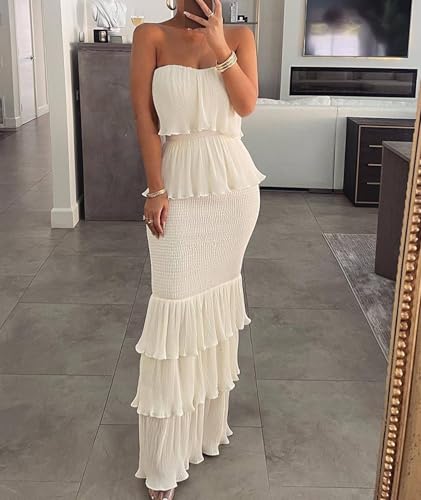 Sexyshine Women's Tube Top Ruffled Tiered Maxi Dress Sleeveless Backless Bodycon Smocked Shirred Party Holiday Long Dress2