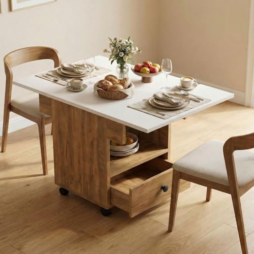 Image of FFO Foldable Dining Table with Storage and Wheels, Drop Leaf, 2 Seater, Engineered Wood, White and Coach Wood Finish, Drawer and Shelf Storage