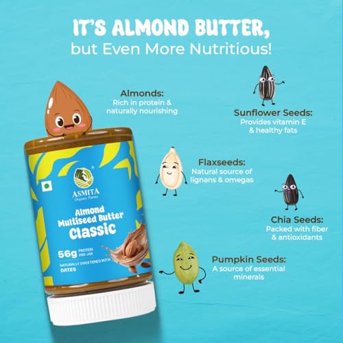 Image of Asmita Organic Farms Classic Creamy Almond Butter 250g | High Protein Spread | Made with 4 Super Multi-Seeds & Premium Almonds | Zero Palm Oil & Gluten-Free | Great for Spreads, Smoothies, Baking