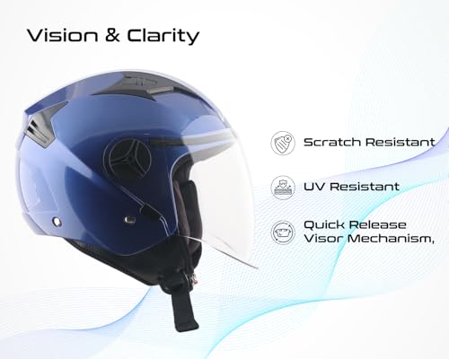 Image of Vega VO-05 Clark ISI Certified Open Face Motorcycle Helmet with High-Impact ABS Shell, Scratch-Resistant Visor, Comfortable Breathable Inner Padding & Secure Strap - Blue - L
