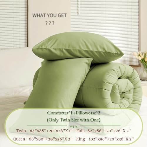 ELNIDO QUEEN Twin Comforter Set, All Seasons Sage Green Comforter Set with 1 Pillowcase, 2 Piece Lightweight Bedding Sets, Down Alternative Twin Size Comforter (64\"x88\", Sage Green) - Thumbnail 3
