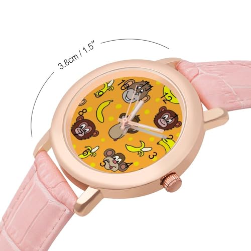Cute Faces of Monkeys and Bananas Classic Watches for Women Funny Graphic Pink Girls Watch Easy to Read2