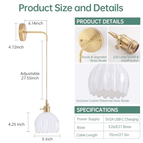 Image of Shenmoyl Battery Operated Wall Sconce with White Tulip Shade Pattern Glass Adjustable Chain Retro Gold Wall Mounted Light, Modern Wall Lamp Fixtures Decor for Bedside Bedroom Indoor Doorway