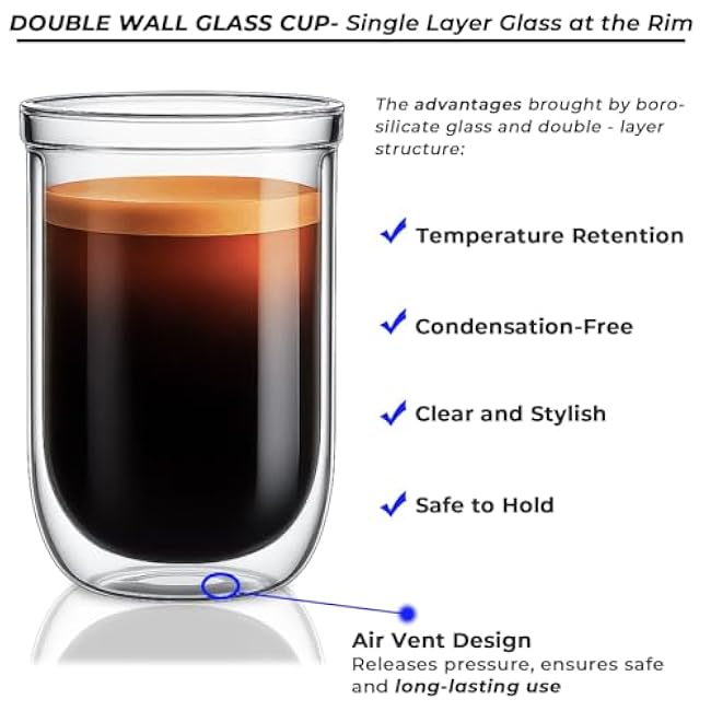 Aquach 12 Oz Double Walled Glass Coffee Mugs, Clear Glass Tea Cups, Microwave and Dishwasher Safe Home Office Insulated Cups Perfect for Americano Latte Hot&Cold Beverages, 2-Pack