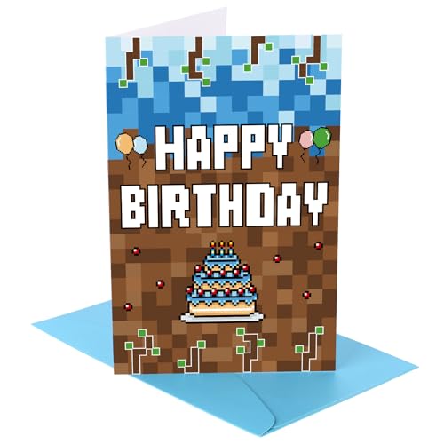 SAVITA Pixel Happy Birthday Set Tarjetas, 20,5x13,5cm Tarjeta Cumpleaños Videojuego con Sobre y Pegatina Divertidos Recuerdos Fiesta Minería para Adolescentes Regalo Gamer Decoraciones Temáticas