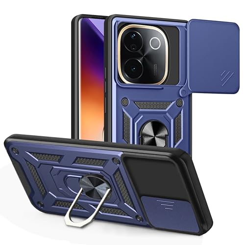 Image of SPAZY CASE iQOO Z9s Pro 5G / Vivo T3 Pro 5G Back Cover | Heavy Duty Hybrid Case with 360 Degree Rotating Finger Ring Holder + Slider Shutter Camera Protection Case - Blue