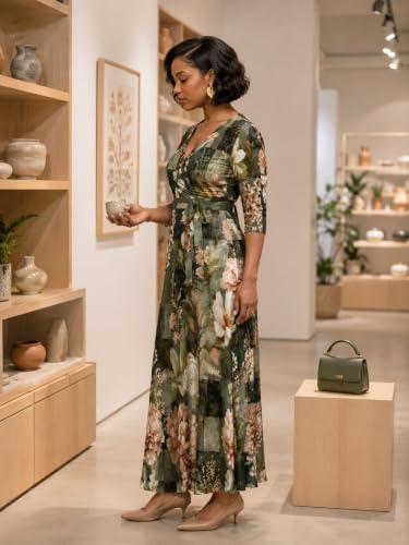 Image of SUZONANA Plus Size Dresses for Women Floral Print Maxi Dress Flowy 3 /4 Sleeve with Belt