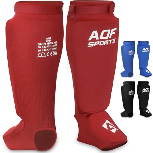 AQF Espinilleras Kick Boxing Muay Thai - CE SATRA Aprobado Boxeo Tibiales y Empeine - EVA Acolchado Sparring Artes Marciales Protección Pads - MMA Shin Pierna Guardia para BJJ, Kárate (Rojo, L)