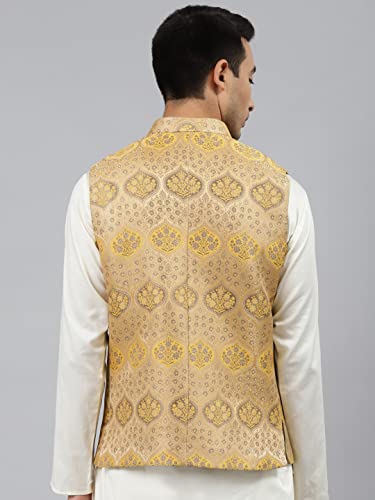 Image of MANQ Men Fawn Woven Jaquard Silk Nehru Jacket