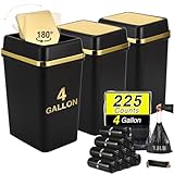 WSBArt 3 Pack Bathroom Trash Can with Lid 4 Gallon Small Trash Can with Swing Lid Black and Gold Bathroom Garbage Can with 225 Counts Trash Bags for Kitchen Bedroom Office