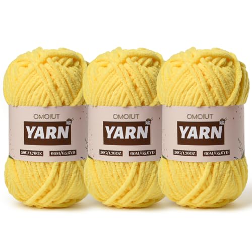 Image of 3 Packs Plush Chenille Chunky Crochet Yarn - Baby Yarn for Crocheting Soft - Velvet Yarns Knitting for Blankets Crafts - Fluffy Amigurumi Yarns 150g / 196.8yds (3 Yellow)