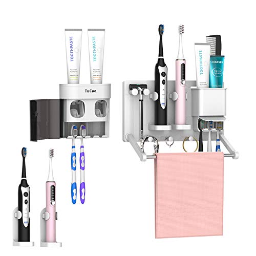 Preisvergleich Produktbild TuCao Dual Zahnpastaspender mit Mehrzweck-Zahnbürstenhalter Wandhalterung, eingebauter elektrischer Zahnbürste und Rasierhalter Handtuchhalter für Badezimmerarbeitsplatte und Waschtisch