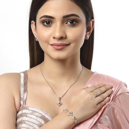 Image of ZENEME Jewellery Set for Women American Diamond Necklace Set with Earrings, Bracelet and Ring Jewellery for Girls and Women