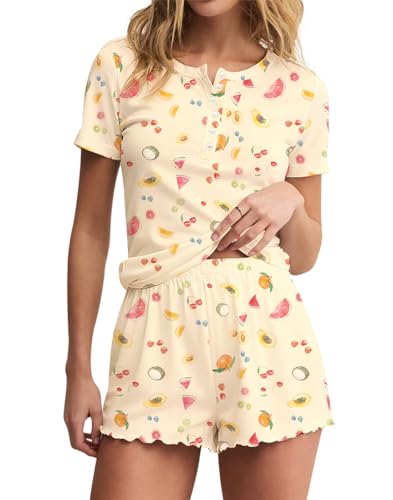 Lacozy Cute Pj Set for Women 2 Piece Short Pajama Set Fruit Print Button Shirt and Shorts Y2K Sleepwear Lounge Set L