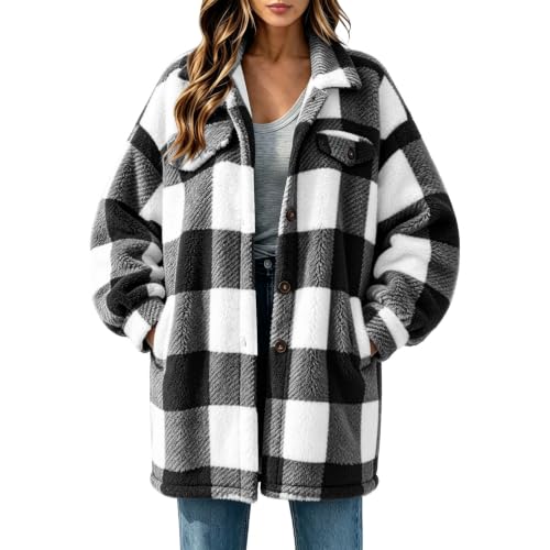 FPMLUXLL Womens Plaid Sherpa Fleece Jacket Winter Button Down Fuzzy Shacket