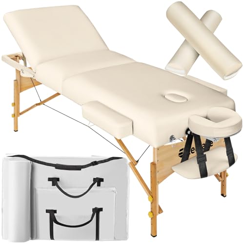tectake® Mobile Massageliege mit 3 Zonen, klappbar, mit 7,5 cm Polsterung, bis 250 kg belastbar, Massagebank mit Zubehör Tasche, Voll- und Halbrolle, mobiles Möbel für Massage - beige
