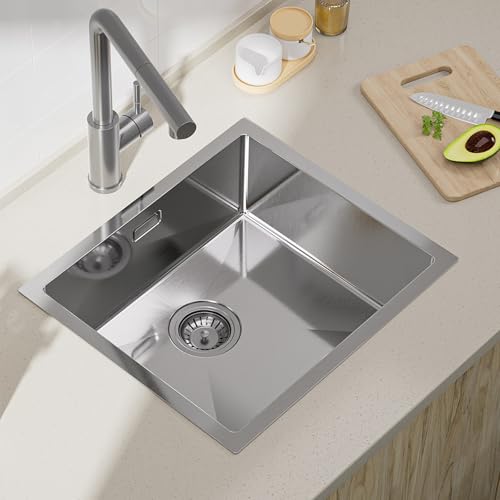 CECIPA Fregadero Cocina 50x44cm bajo Encimera o Sobre Encimera de Acero Inoxidable con Sifón y Rebosadero